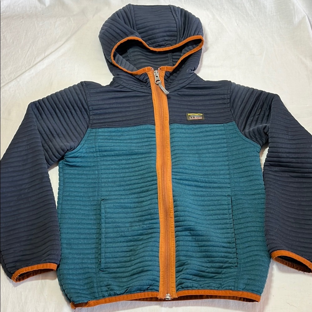 L.L. Bean Kids Hooded Quilted Jacket in Teal, Navy & Orange Trim
